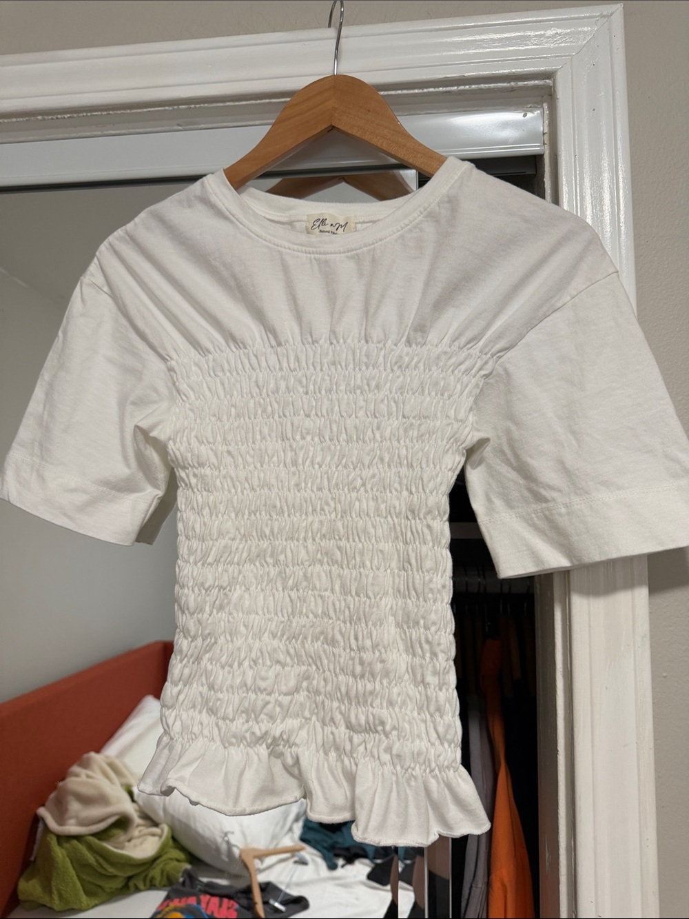 Smocked Short Sleeve Tee in White by